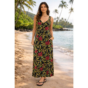 Vintage Hawaiian Floral Halter Maxi Dress Medium Tropical Luau Resort Wear